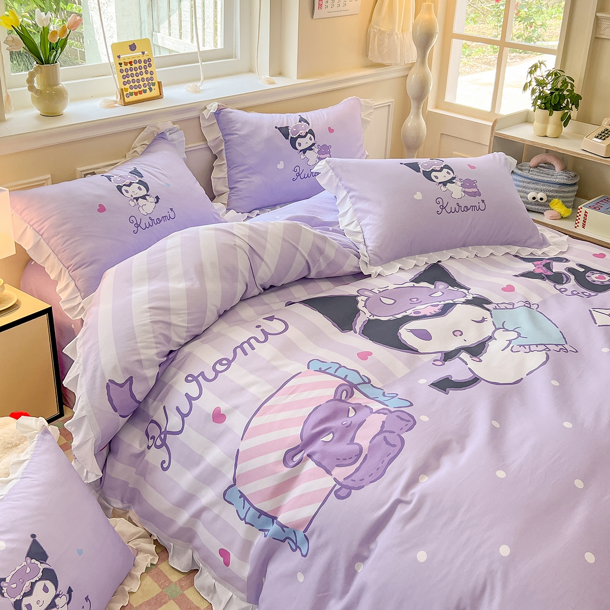 91家纺网 家纺一手货源 找家纺 玉元坊 2026新款三丽鸥正版授权酷洛米全棉纯棉床单床笠床裙三四件套 大版糖果-白花边