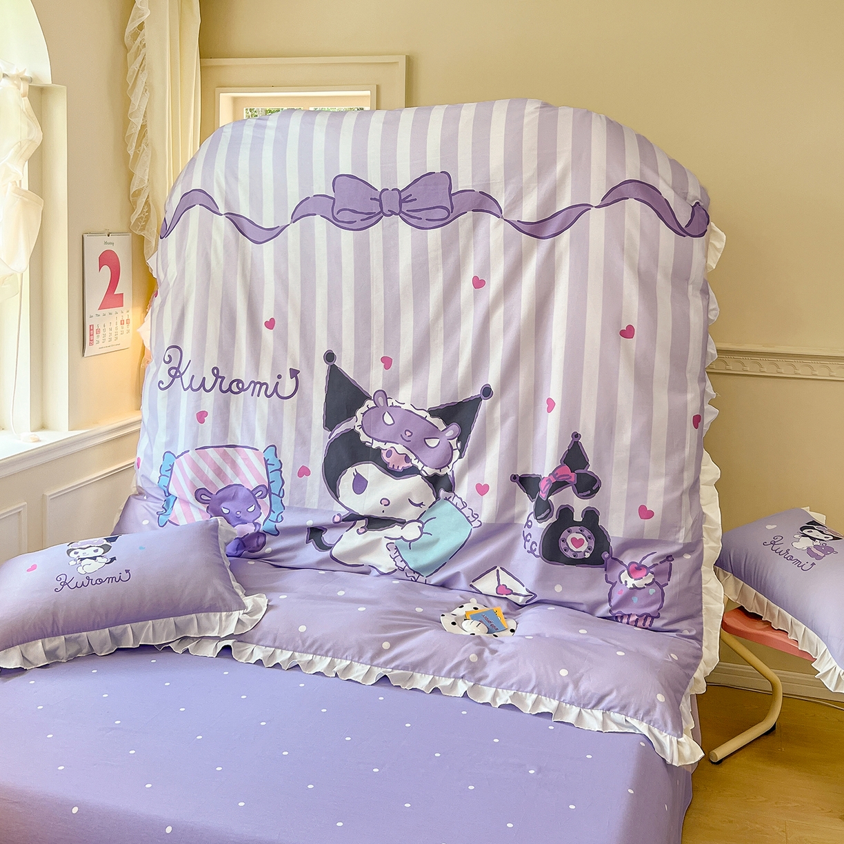 91家纺网 家纺一手货源 找家纺 玉元坊 2026新款三丽鸥正版授权酷洛米全棉纯棉床单床笠床裙三四件套 大版糖果-白花边