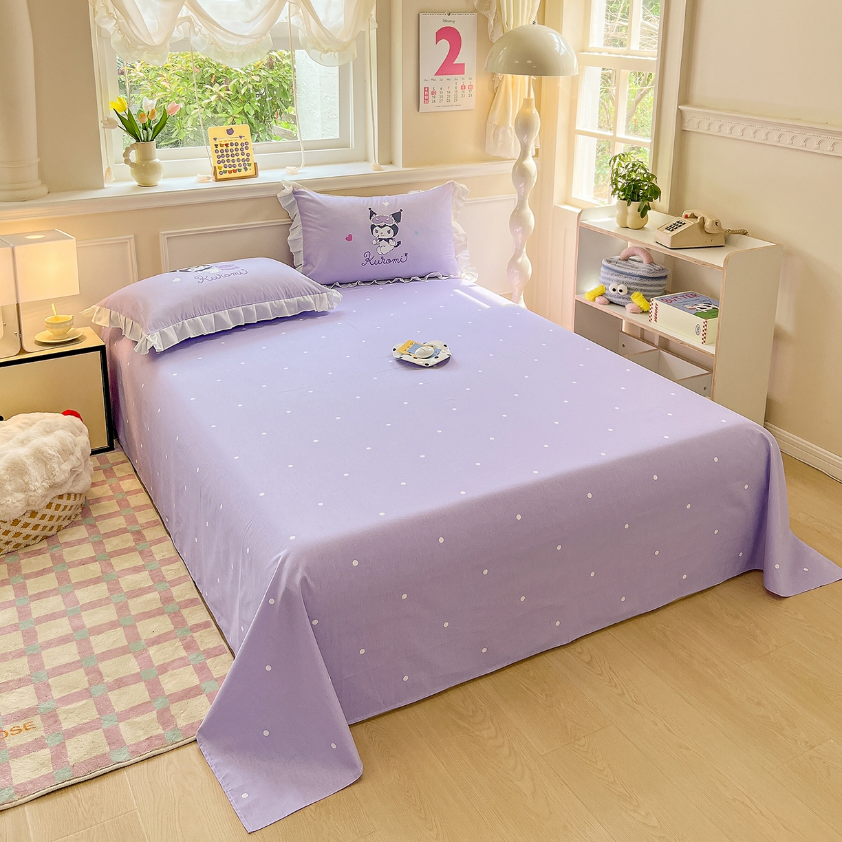 91家纺网 家纺一手货源 找家纺 玉元坊 2026新款三丽鸥正版授权酷洛米全棉纯棉床单床笠床裙三四件套 大版糖果-白花边