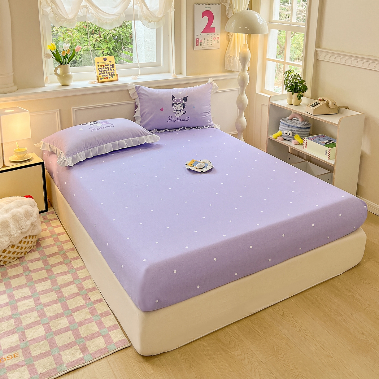 91家纺网 家纺一手货源 找家纺 玉元坊 2026新款三丽鸥正版授权酷洛米全棉纯棉床单床笠床裙三四件套 大版糖果-白花边