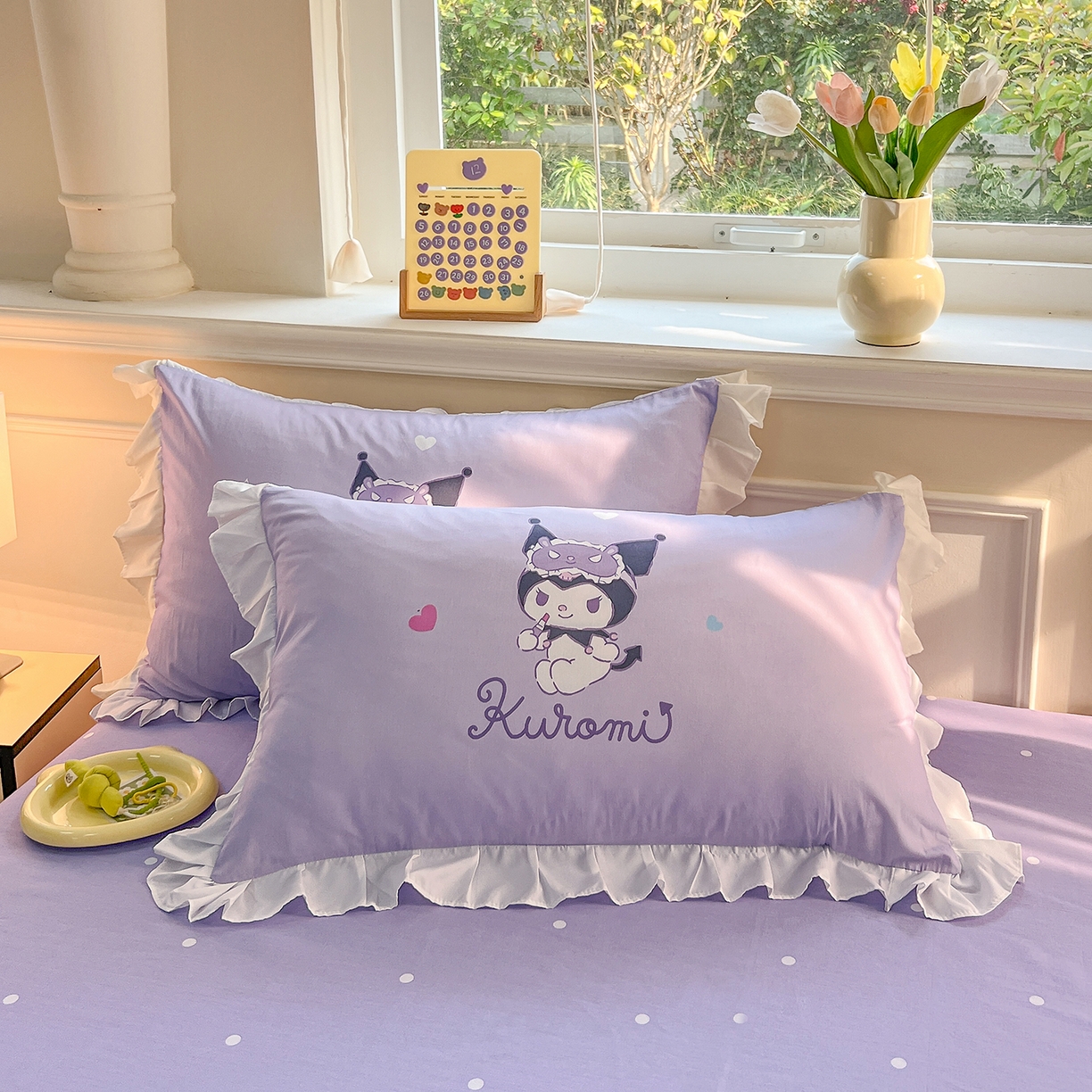 91家纺网 家纺一手货源 找家纺 玉元坊 2026新款三丽鸥正版授权酷洛米全棉纯棉床单床笠床裙三四件套 大版糖果-白花边