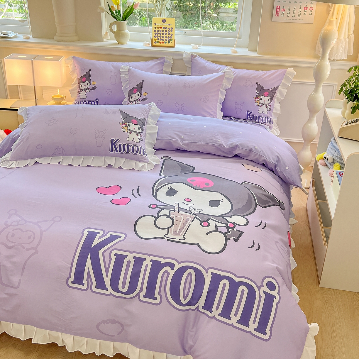 91家纺网 家纺一手货源 找家纺 玉元坊 2026新款三丽鸥正版授权酷洛米全棉纯棉床单床笠床裙三四件套 大版饮料-白花边