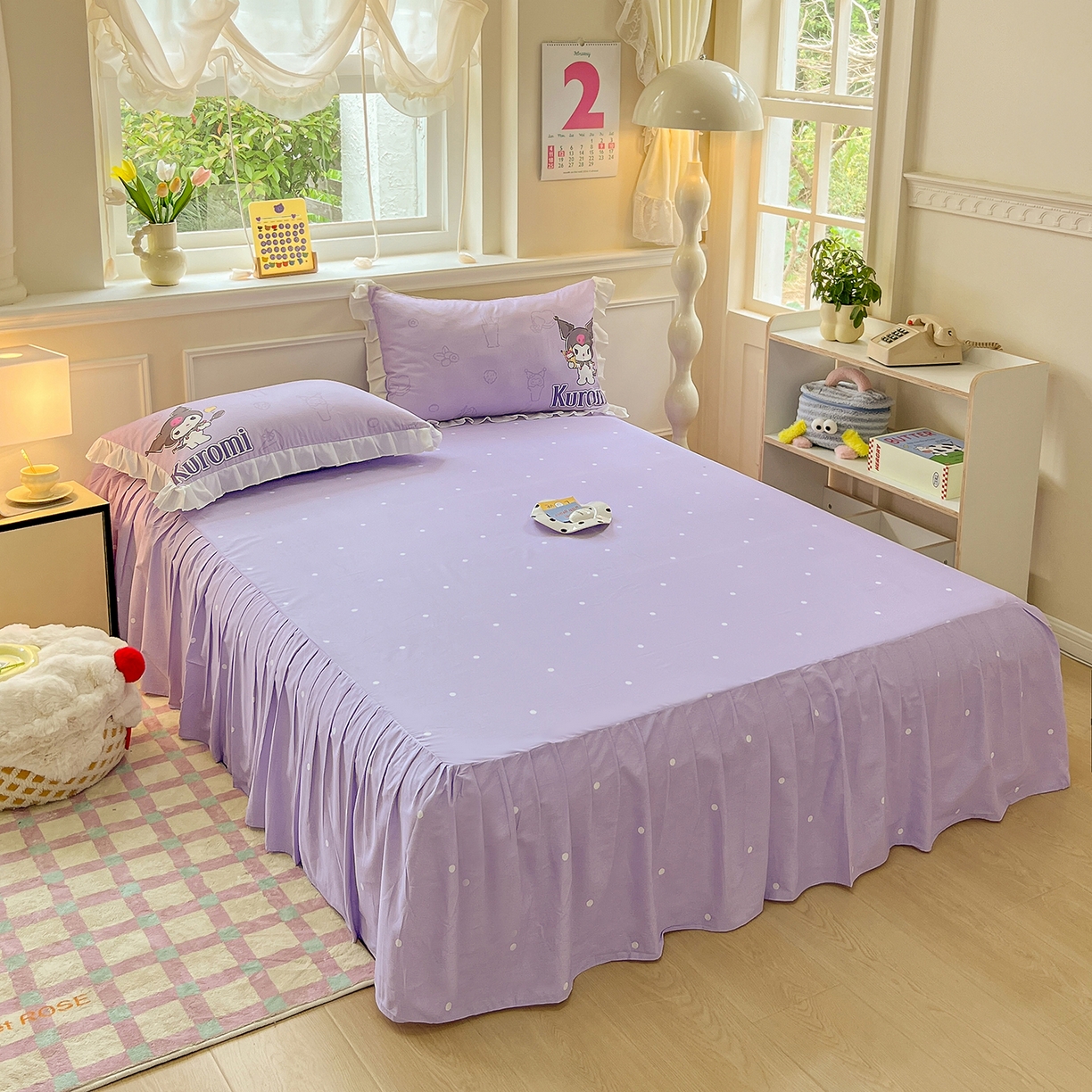 91家纺网 家纺一手货源 找家纺 玉元坊 2026新款三丽鸥正版授权酷洛米全棉纯棉床单床笠床裙三四件套 大版饮料-白花边