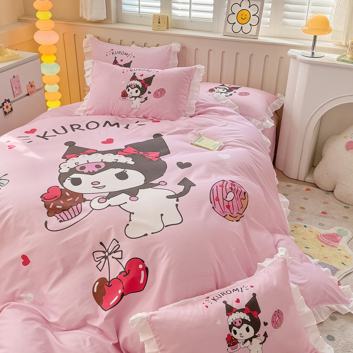 91家纺网 家纺一手货源 找家纺 玉元坊 2026新款三丽鸥正版授权酷洛米全棉纯棉床单床笠床裙三四件套 美味库洛米-白花边