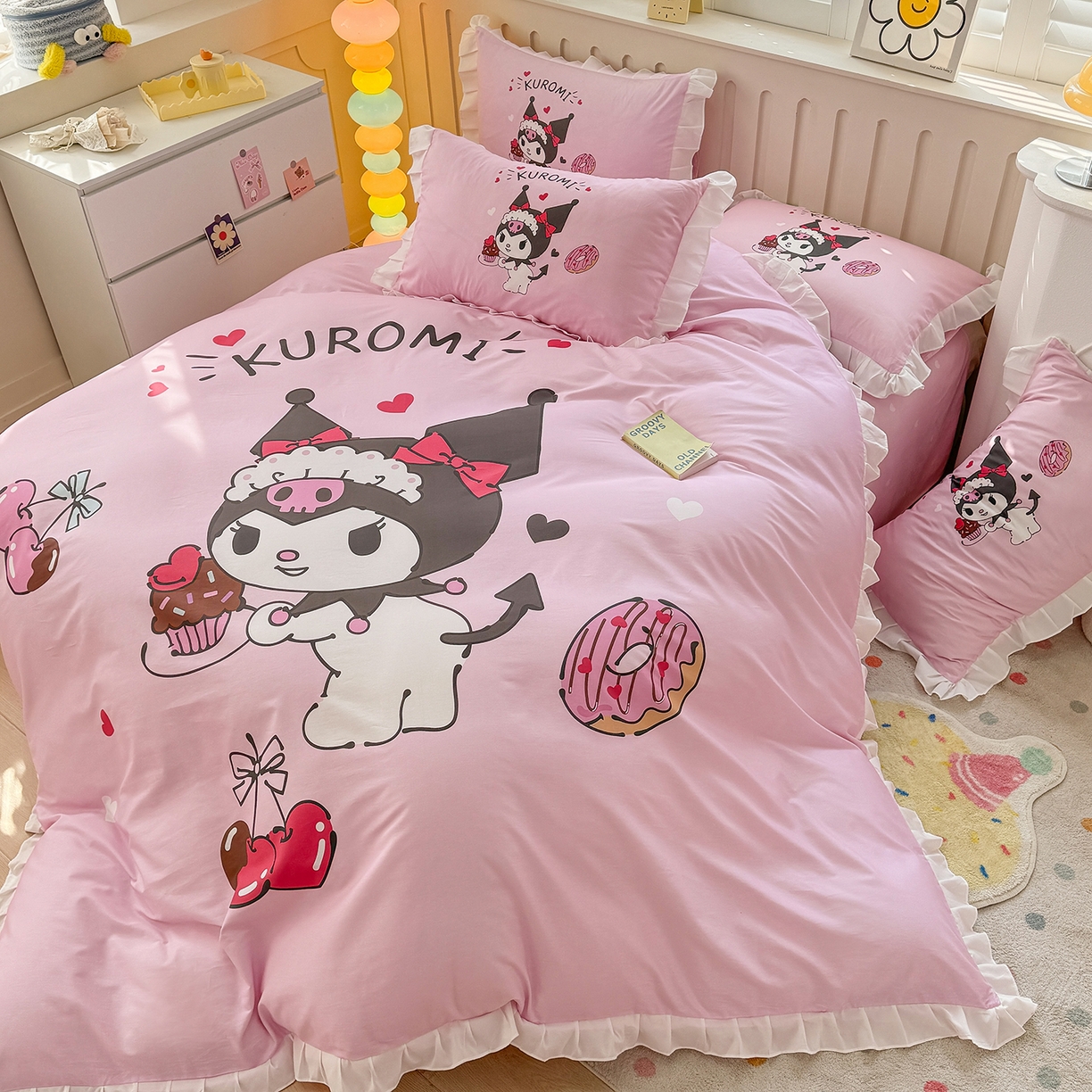 91家纺网 家纺一手货源 找家纺 玉元坊 2026新款三丽鸥正版授权酷洛米全棉纯棉床单床笠床裙三四件套 美味库洛米-白花边