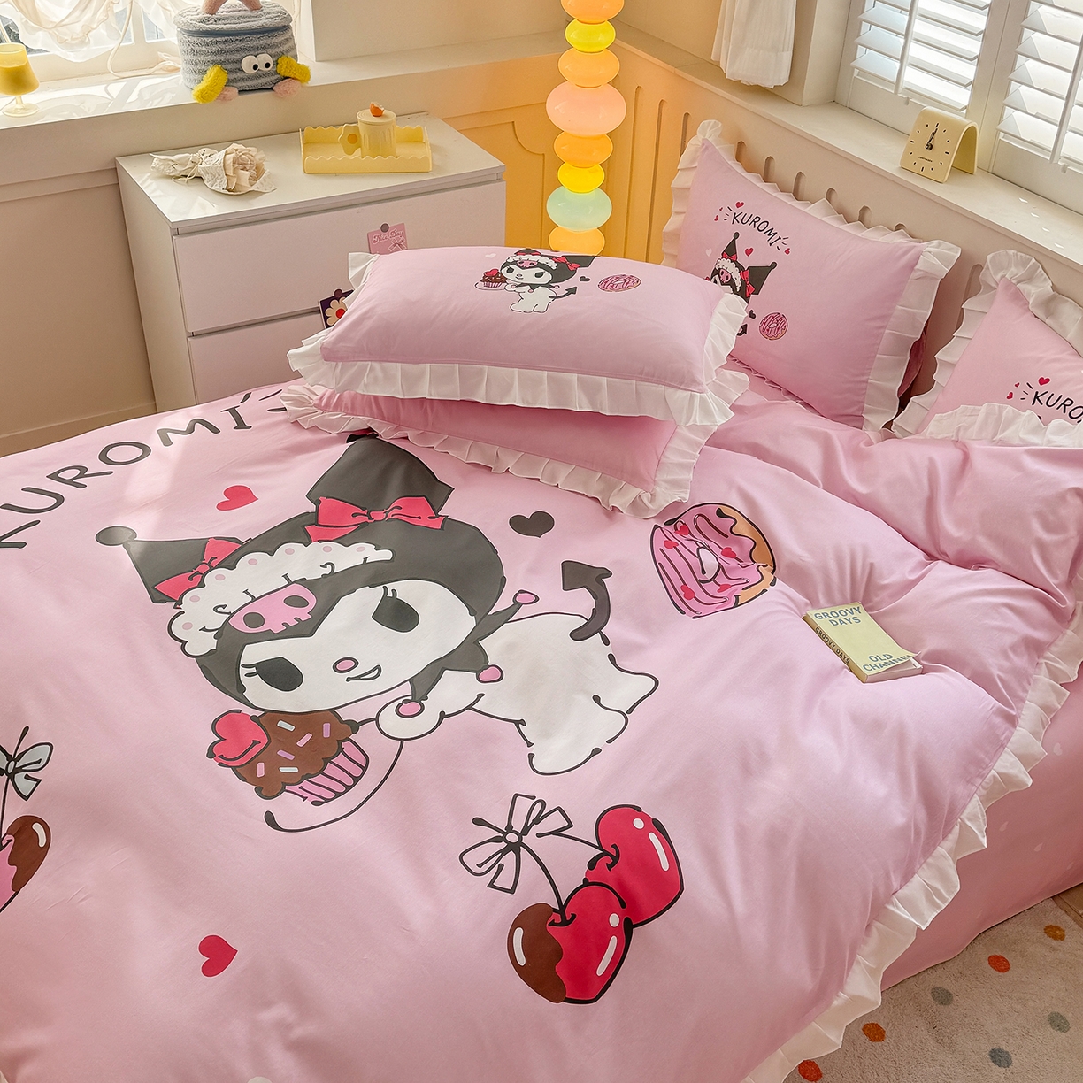 91家纺网 家纺一手货源 找家纺 玉元坊 2026新款三丽鸥正版授权酷洛米全棉纯棉床单床笠床裙三四件套 美味库洛米-白花边