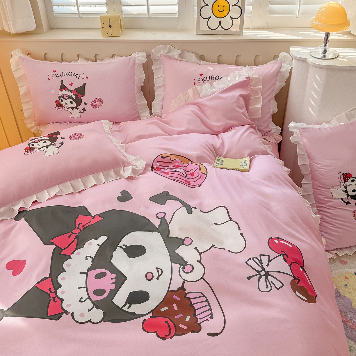 91家纺网 家纺一手货源 找家纺 玉元坊 2026新款三丽鸥正版授权酷洛米全棉纯棉床单床笠床裙三四件套 美味库洛米-白花边