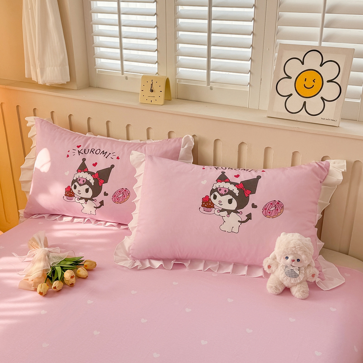 91家纺网 家纺一手货源 找家纺 玉元坊 2026新款三丽鸥正版授权酷洛米全棉纯棉床单床笠床裙三四件套 美味库洛米-白花边