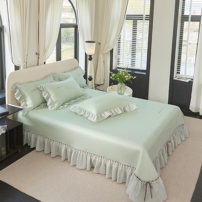 91家纺网 家纺一手货源 找家纺 金绣美居 2026新款绣花织带床裙凉席席子花韵 花韵-绿色