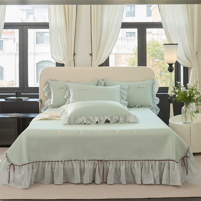 91家纺网 家纺一手货源 找家纺 金绣美居 2026新款绣花织带床裙凉席席子花韵 花韵-绿色