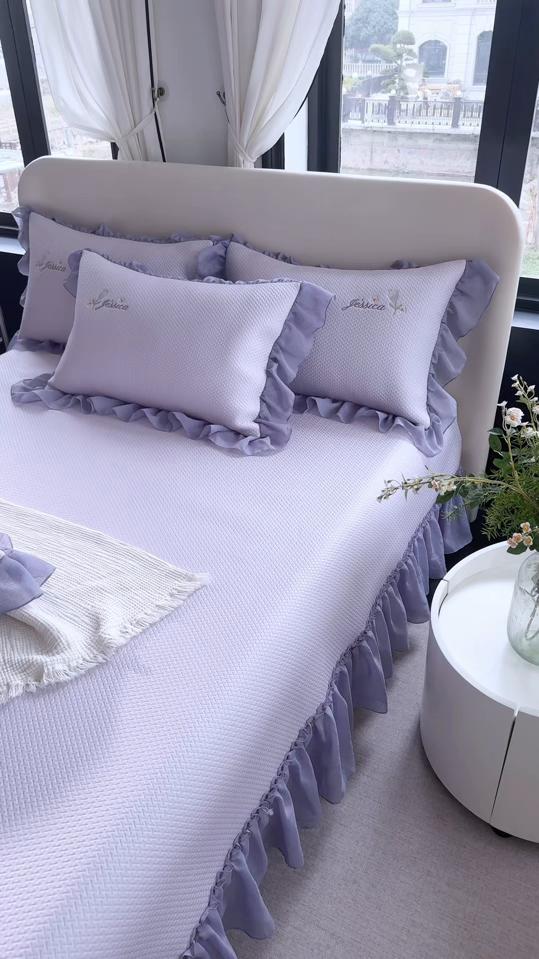 91家纺网 家纺一手货源 找家纺 金绣美居 2026新款绣花织带床裙凉席席子花韵 花韵-紫色