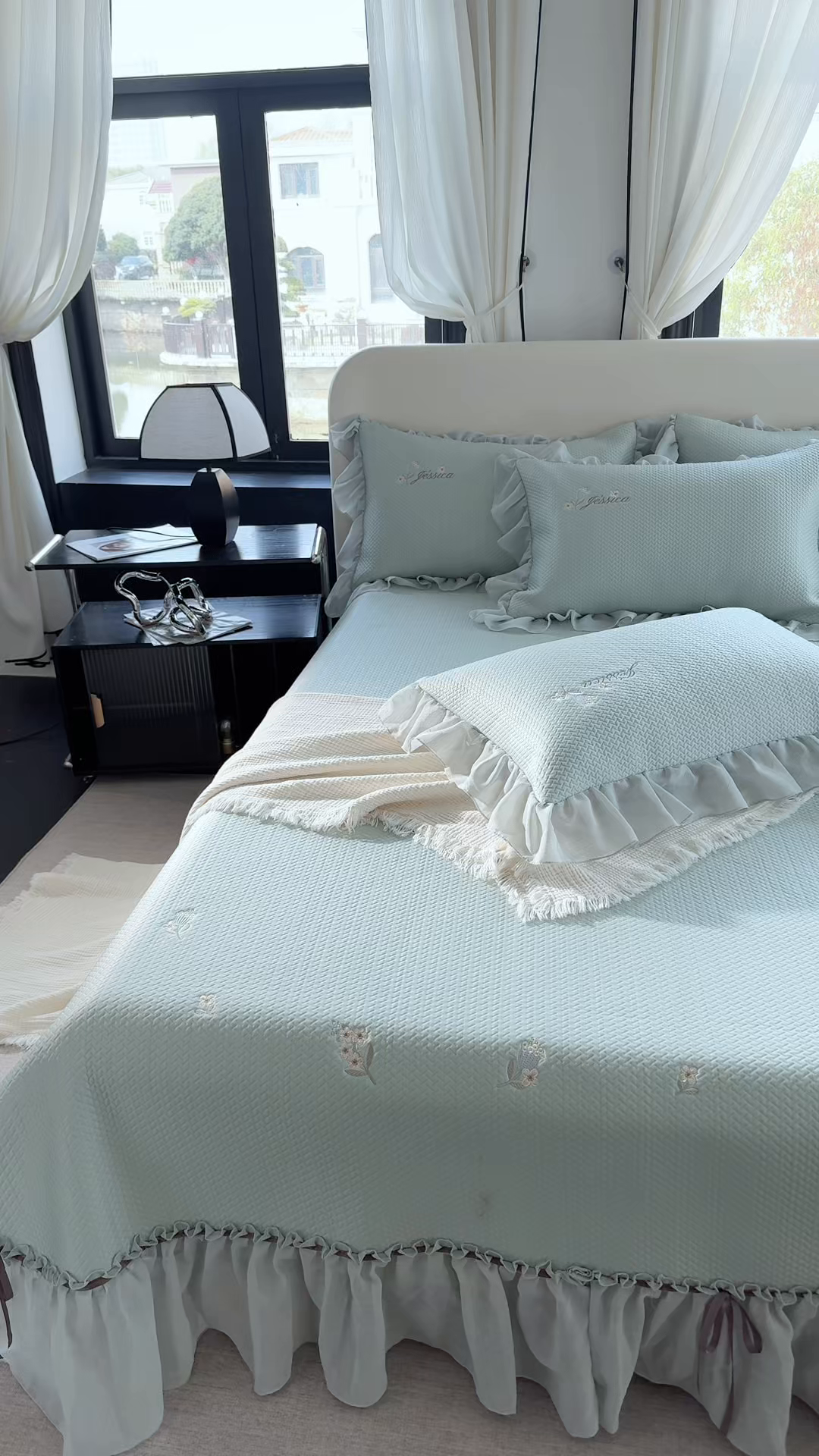 91家纺网 家纺一手货源 找家纺 金绣美居 2026新款绣花织带床裙凉席席子花韵 花韵-绿色