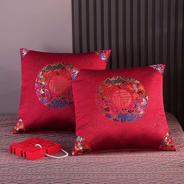 贤内助家纺 2026大红锦缎高精密提花/结婚抱枕/沙发婚床摆件抱枕/生日宴福寿抱枕 富贵满堂 48x48cm/只（含内芯）