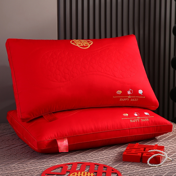 贤内助家纺 2026新款全棉刺绣婚庆枕羽丝枕护肩枕枕头枕芯 锦绣欢喜临门