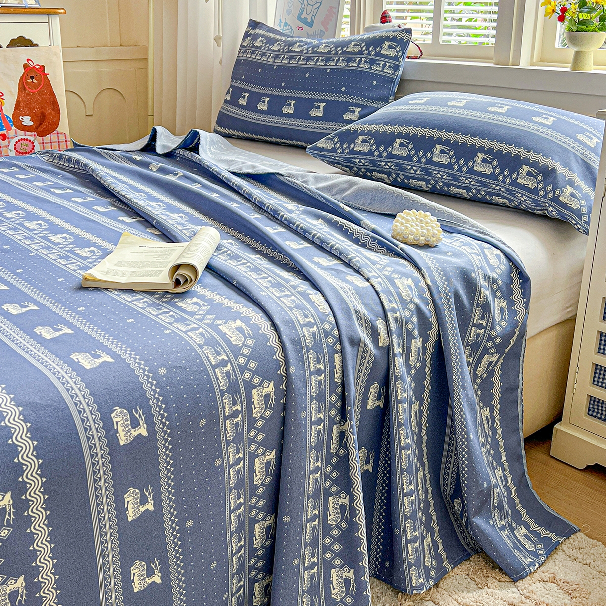 91家纺网 家纺一手货源 找家纺 栩裕纺织 2026春夏爆款老粗布凉席床单款凉席席子空调软席-提供买家秀 吉祥鹿-床单款