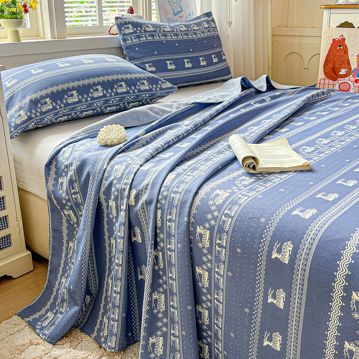 91家纺网 家纺一手货源 找家纺 栩裕纺织 2026春夏爆款老粗布凉席床单款凉席席子空调软席-提供买家秀 吉祥鹿-床单款