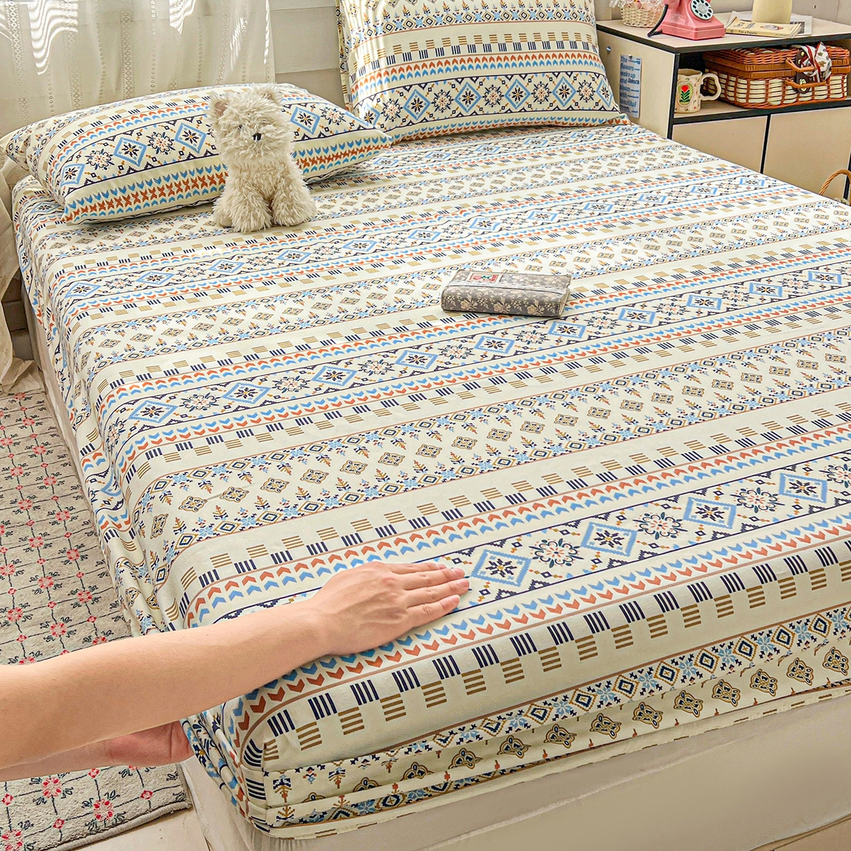 91家纺网 家纺一手货源 找家纺 栩裕纺织 2026春夏爆款老粗布凉席床单款凉席席子空调软席-提供买家秀 波西米亚-米-床笠款