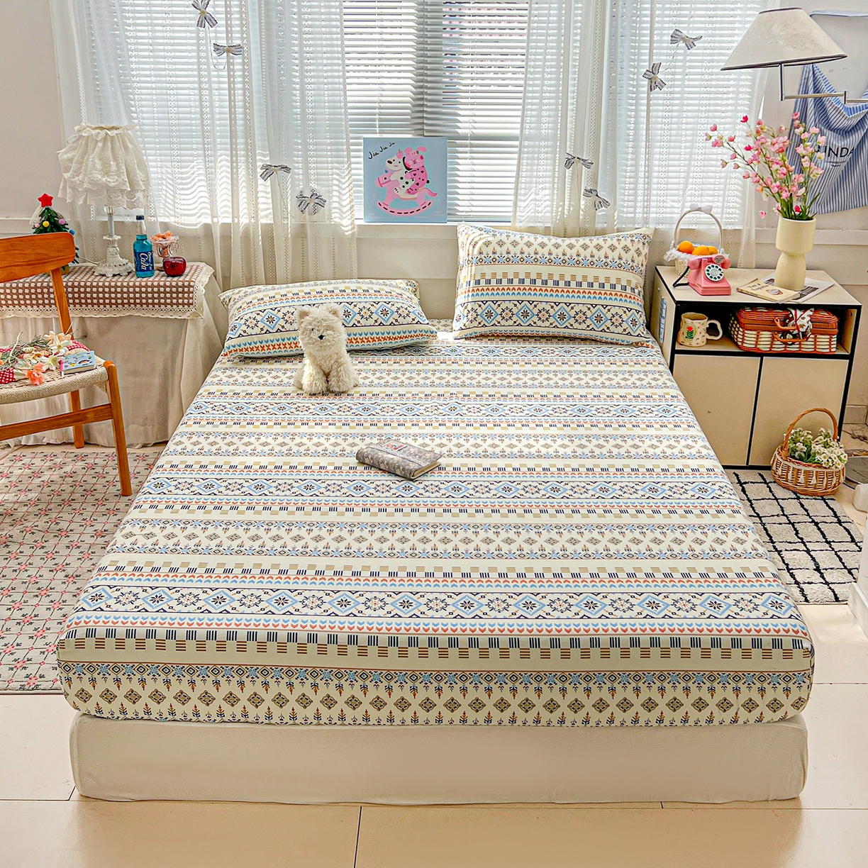 91家纺网 家纺一手货源 找家纺 栩裕纺织 2026春夏爆款老粗布凉席床单款凉席席子空调软席-提供买家秀 波西米亚-米-床笠款