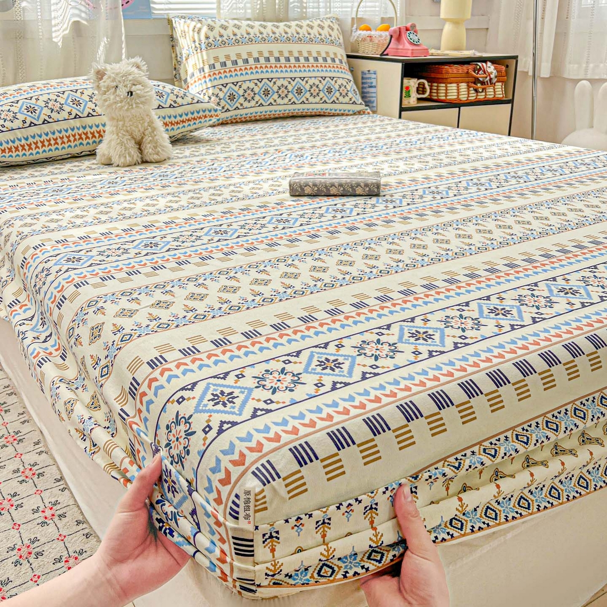 91家纺网 家纺一手货源 找家纺 栩裕纺织 2026春夏爆款老粗布凉席床单款凉席席子空调软席-提供买家秀 波西米亚-米-床笠款