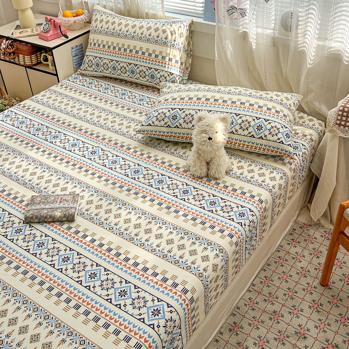 91家纺网 家纺一手货源 找家纺 栩裕纺织 2026春夏爆款老粗布凉席床单款凉席席子空调软席-提供买家秀 波西米亚-米-床笠款