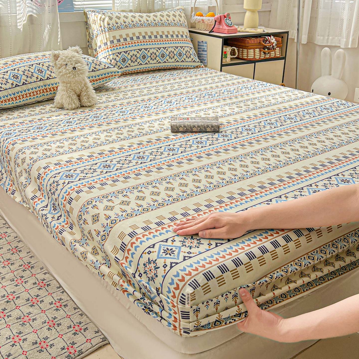 91家纺网 家纺一手货源 找家纺 栩裕纺织 2026春夏爆款老粗布凉席床单款凉席席子空调软席-提供买家秀 波西米亚-米-床笠款