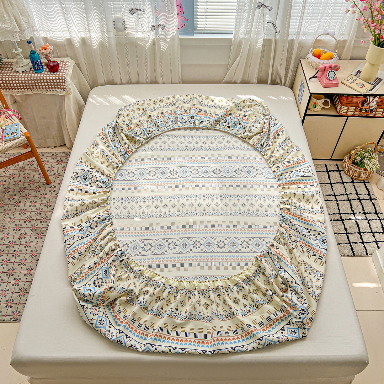 91家纺网 家纺一手货源 找家纺 栩裕纺织 2026春夏爆款老粗布凉席床单款凉席席子空调软席-提供买家秀 波西米亚-米-床笠款