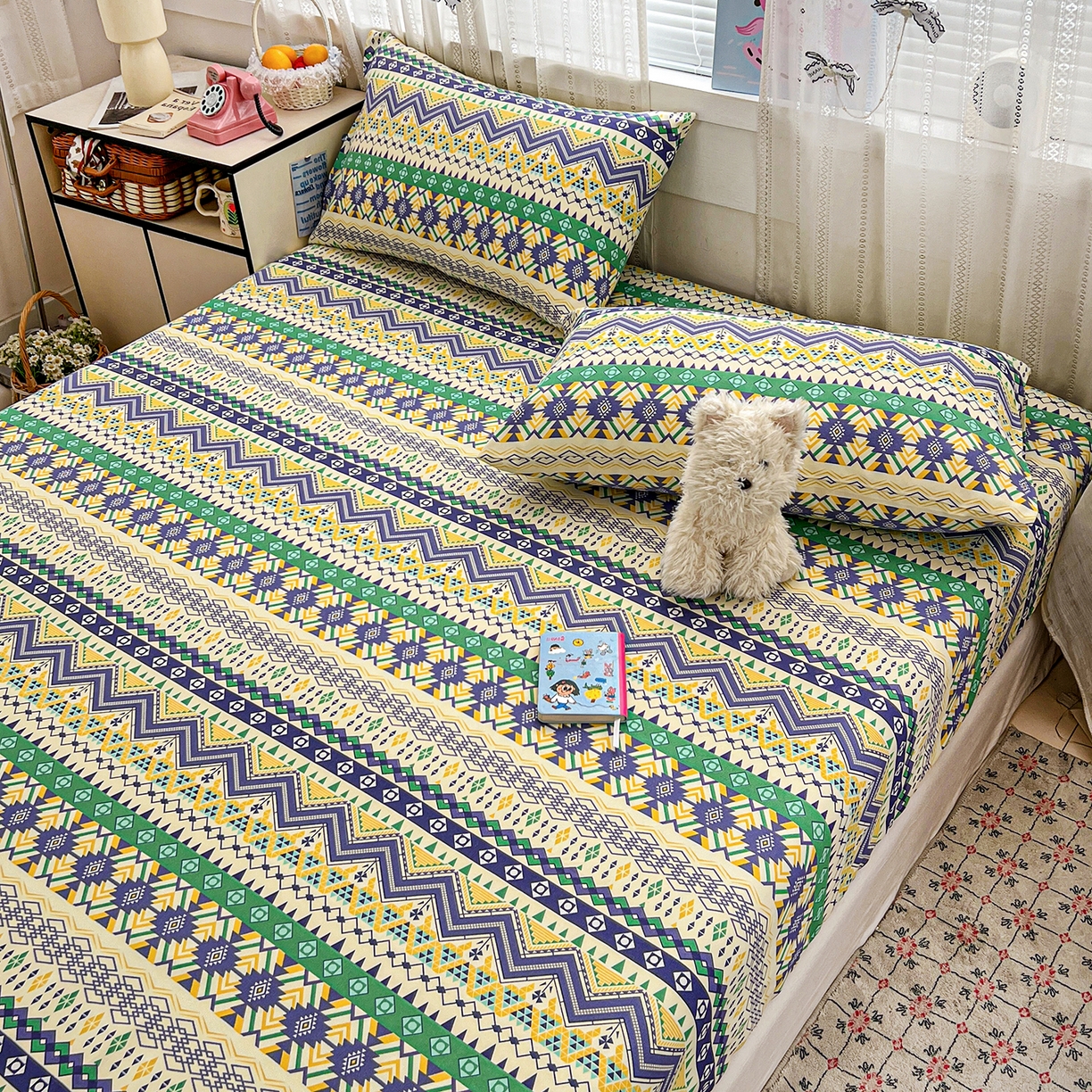 91家纺网 家纺一手货源 找家纺 栩裕纺织 2026春夏爆款老粗布凉席床单款凉席席子空调软席-提供买家秀 波西米亚-绿-床笠款