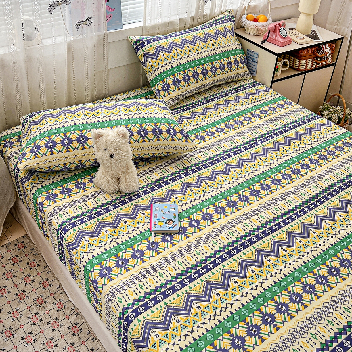 91家纺网 家纺一手货源 找家纺 栩裕纺织 2026春夏爆款老粗布凉席床单款凉席席子空调软席-提供买家秀 波西米亚-绿-床笠款