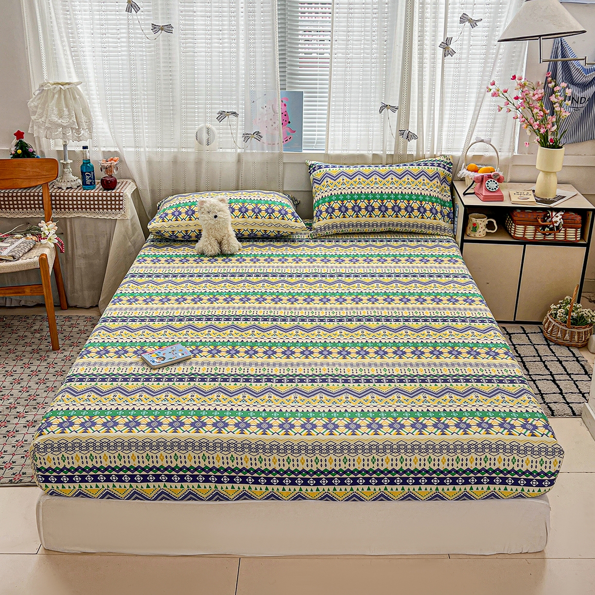 91家纺网 家纺一手货源 找家纺 栩裕纺织 2026春夏爆款老粗布凉席床单款凉席席子空调软席-提供买家秀 波西米亚-绿-床笠款