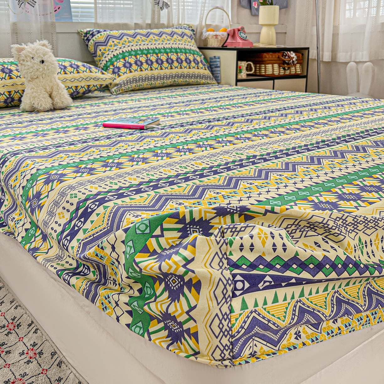 91家纺网 家纺一手货源 找家纺 栩裕纺织 2026春夏爆款老粗布凉席床单款凉席席子空调软席-提供买家秀 波西米亚-绿-床笠款