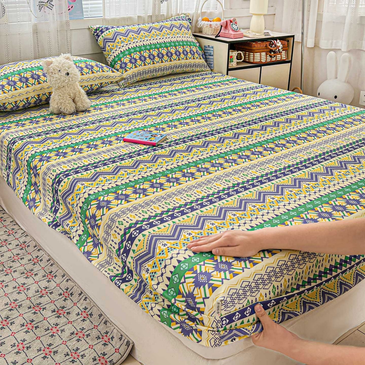 91家纺网 家纺一手货源 找家纺 栩裕纺织 2026春夏爆款老粗布凉席床单款凉席席子空调软席-提供买家秀 波西米亚-绿-床笠款