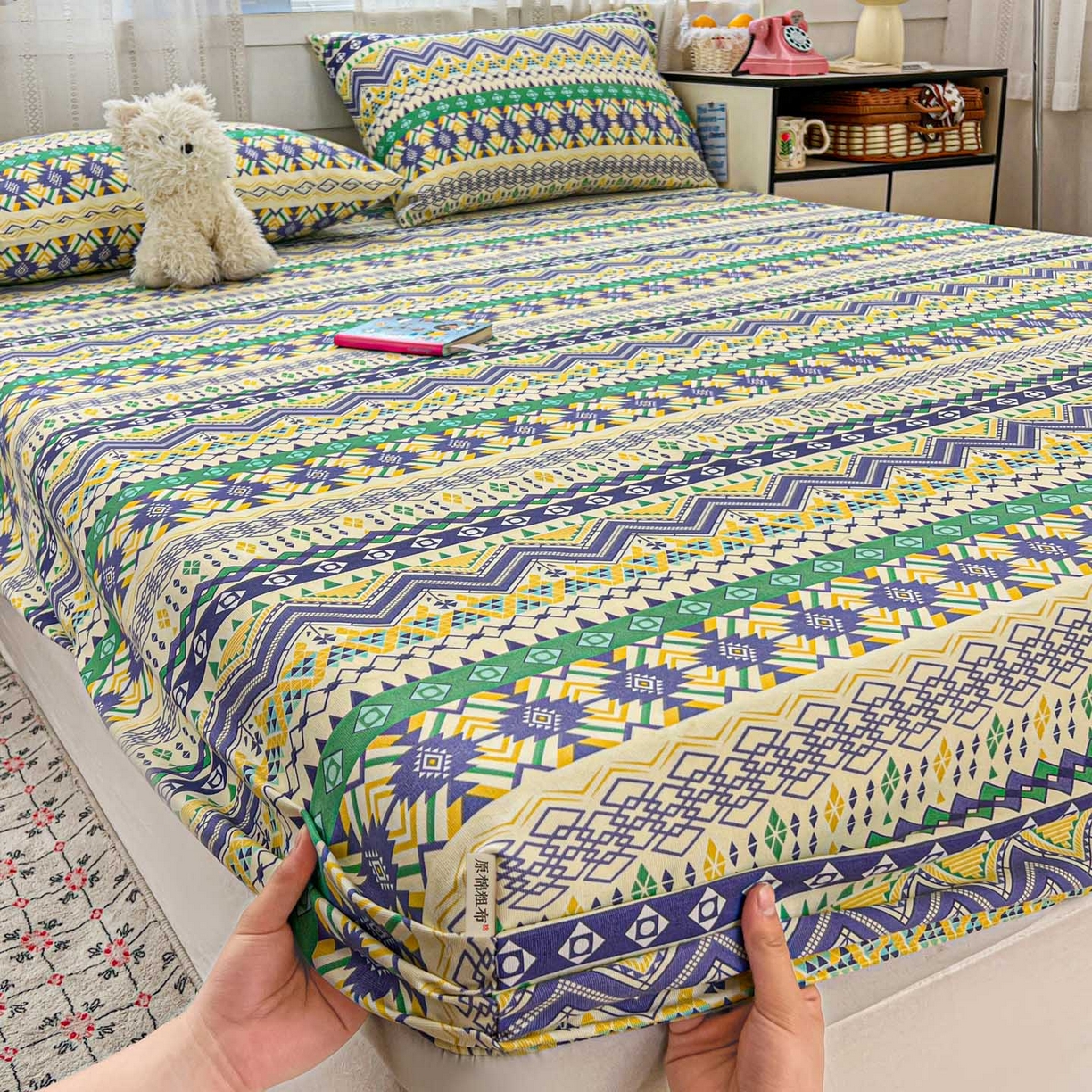 91家纺网 家纺一手货源 找家纺 栩裕纺织 2026春夏爆款老粗布凉席床单款凉席席子空调软席-提供买家秀 波西米亚-绿-床笠款