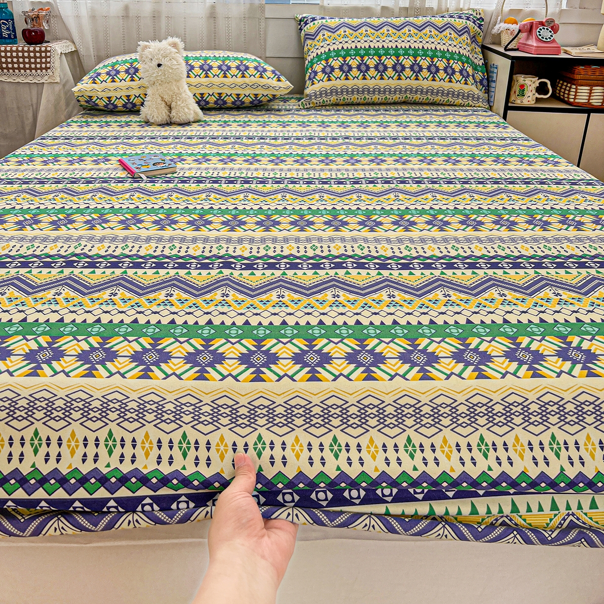 91家纺网 家纺一手货源 找家纺 栩裕纺织 2026春夏爆款老粗布凉席床单款凉席席子空调软席-提供买家秀 波西米亚-绿-床笠款