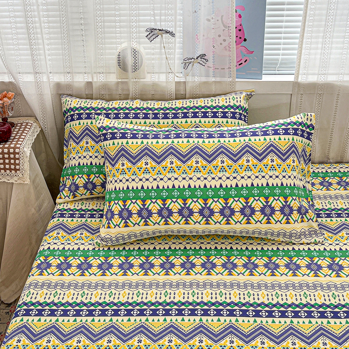 91家纺网 家纺一手货源 找家纺 栩裕纺织 2026春夏爆款老粗布凉席床单款凉席席子空调软席-提供买家秀 波西米亚-绿-床笠款