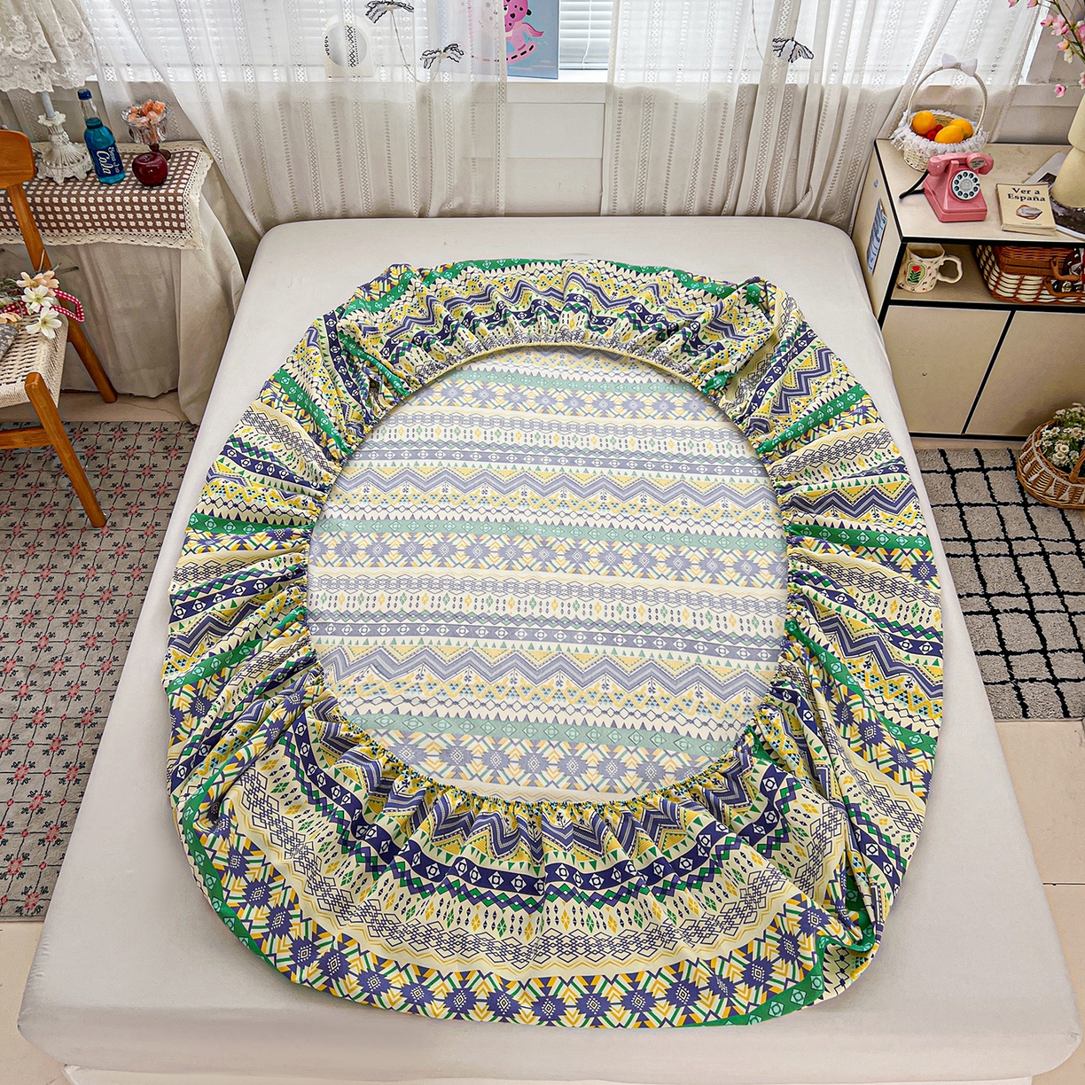 91家纺网 家纺一手货源 找家纺 栩裕纺织 2026春夏爆款老粗布凉席床单款凉席席子空调软席-提供买家秀 波西米亚-绿-床笠款