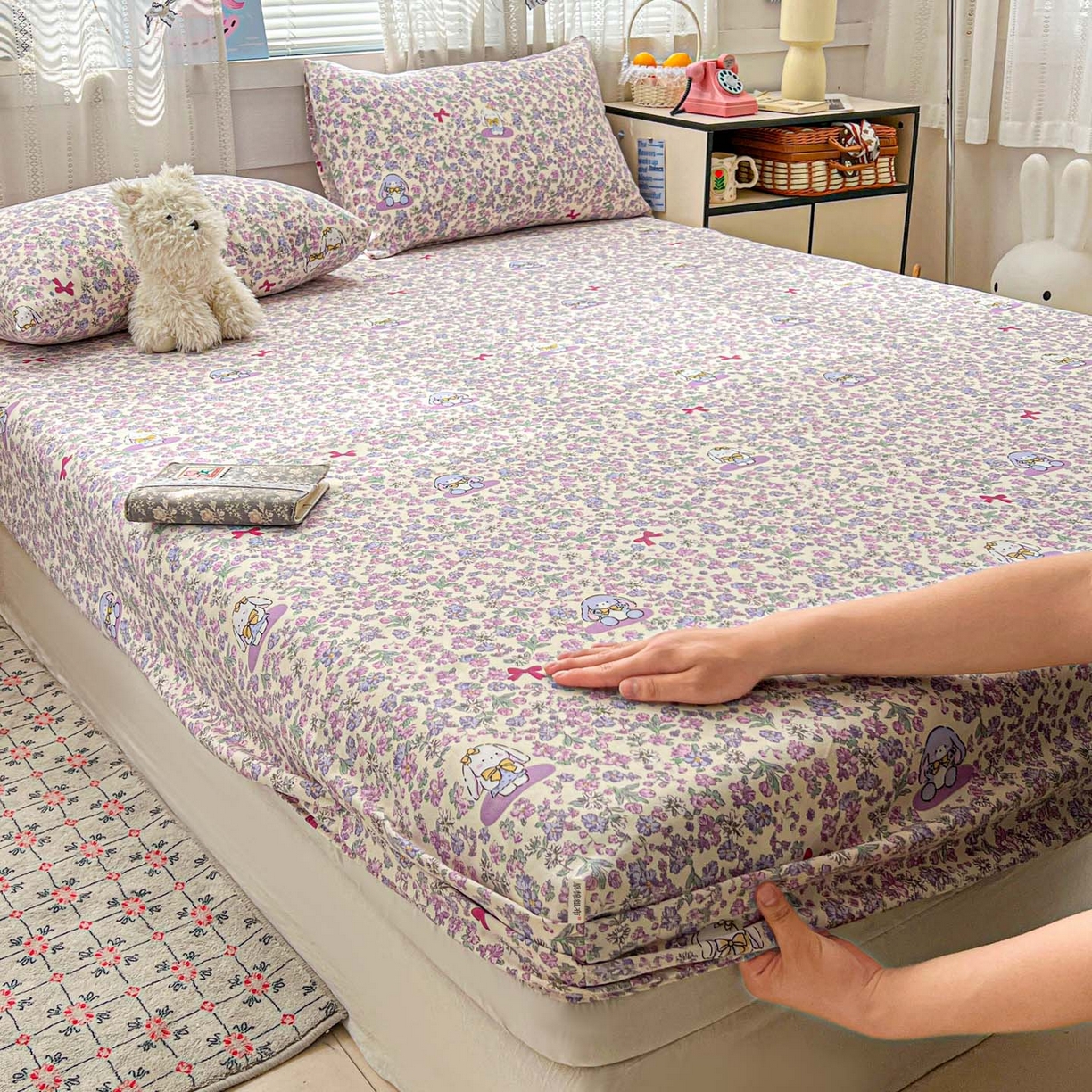 91家纺网 家纺一手货源 找家纺 栩裕纺织 2026春夏爆款老粗布凉席床单款凉席席子空调软席-提供买家秀 春天小兔-床笠款