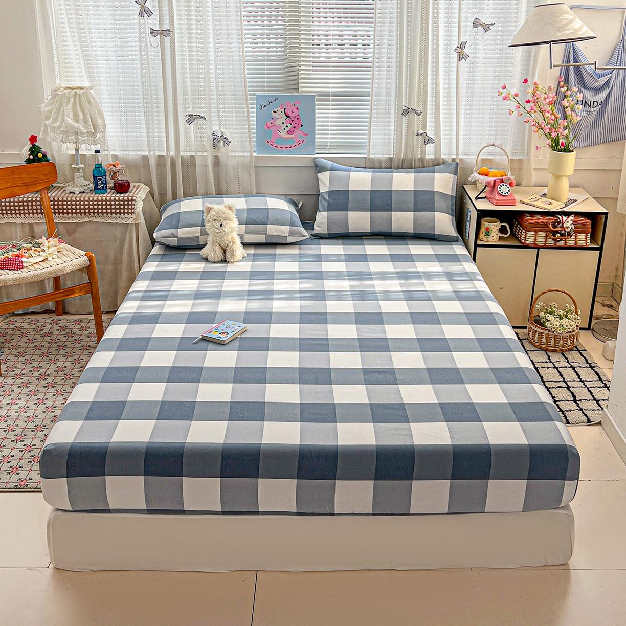 91家纺网 家纺一手货源 找家纺 栩裕纺织 2026春夏爆款老粗布凉席床单款凉席席子空调软席-提供买家秀 典雅方格 -床笠款