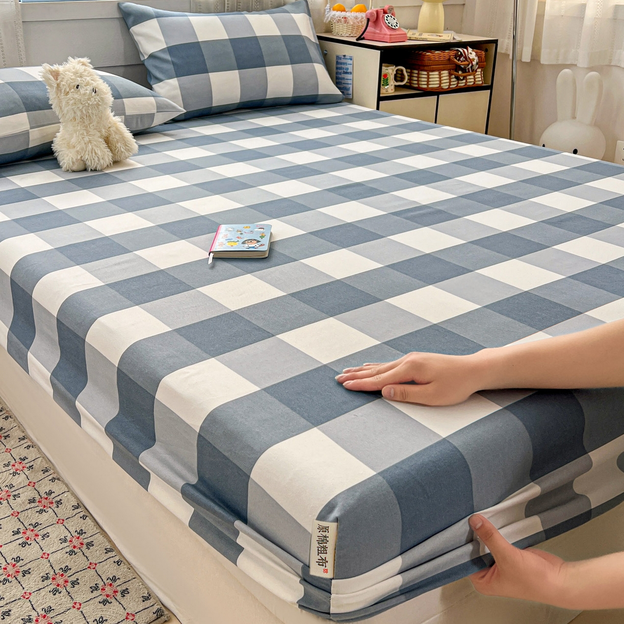 91家纺网 家纺一手货源 找家纺 栩裕纺织 2026春夏爆款老粗布凉席床单款凉席席子空调软席-提供买家秀 典雅方格 -床笠款