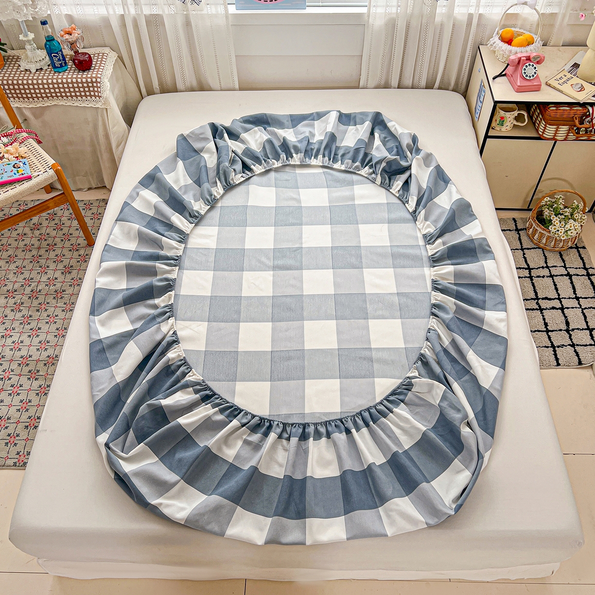 91家纺网 家纺一手货源 找家纺 栩裕纺织 2026春夏爆款老粗布凉席床单款凉席席子空调软席-提供买家秀 典雅方格 -床笠款