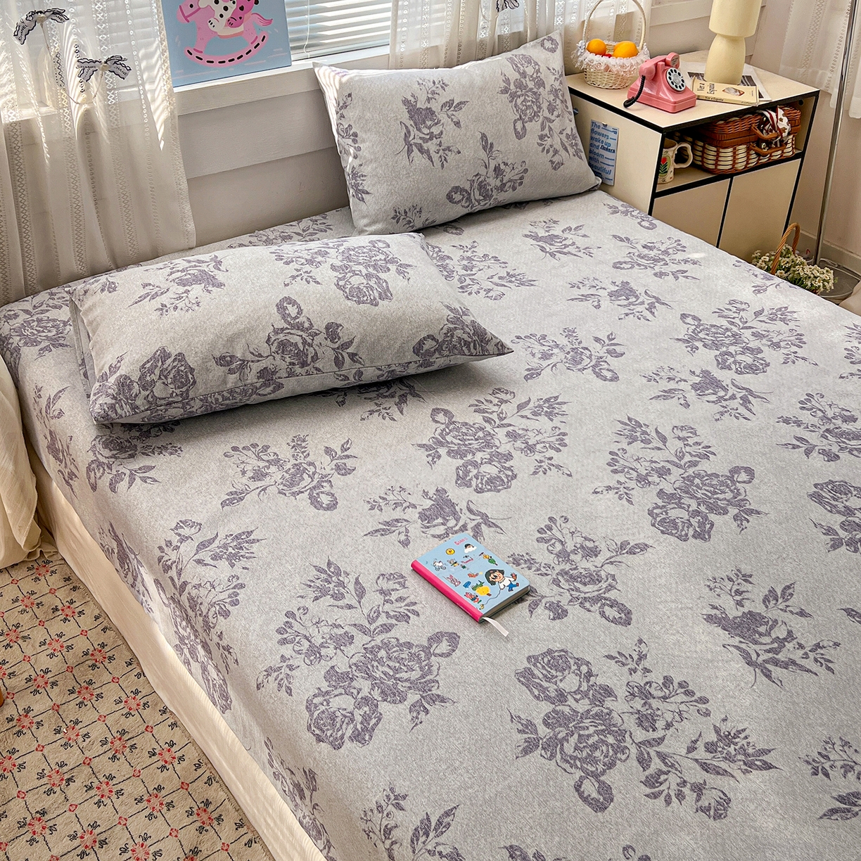 91家纺网 家纺一手货源 找家纺 栩裕纺织 2026春夏爆款老粗布凉席床单款凉席席子空调软席-提供买家秀 复古海棠-床笠款