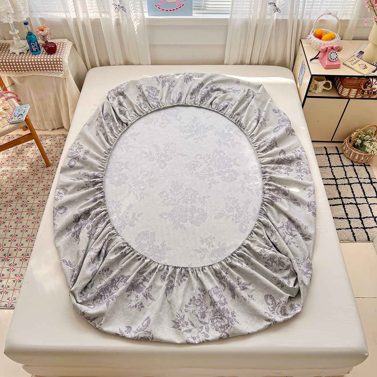 91家纺网 家纺一手货源 找家纺 栩裕纺织 2026春夏爆款老粗布凉席床单款凉席席子空调软席-提供买家秀 复古海棠-床笠款