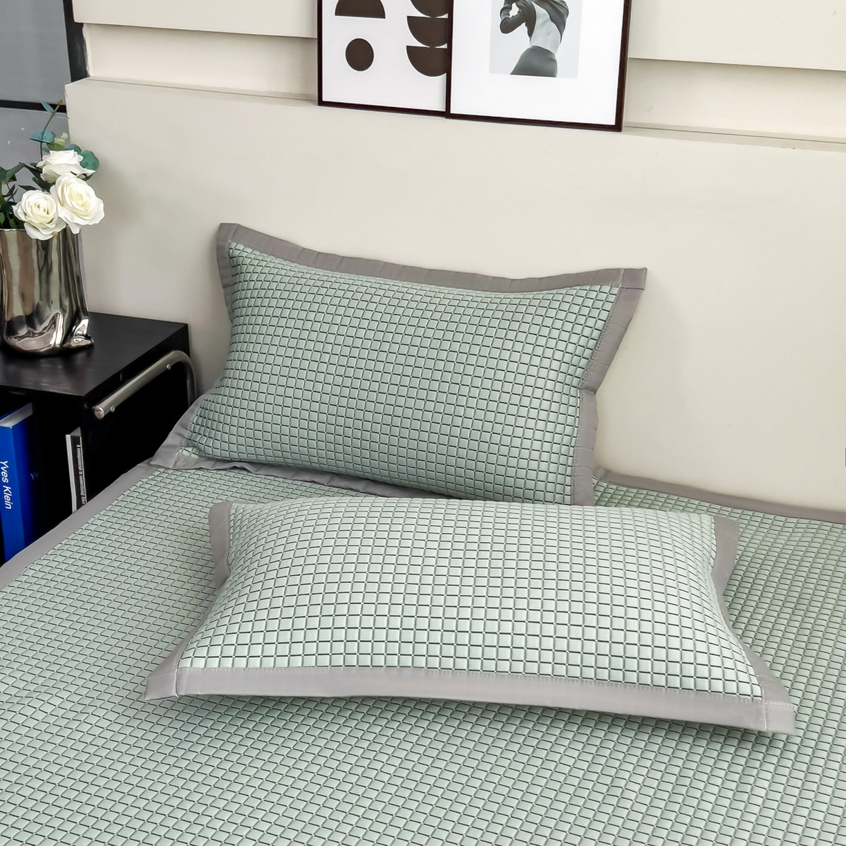 91家纺网 家纺一手货源 找家纺 摩妮卡 2026新款PE高分子凉感值过0.25格子豆豆软席三件套冰丝席-床席款 序格-水绿