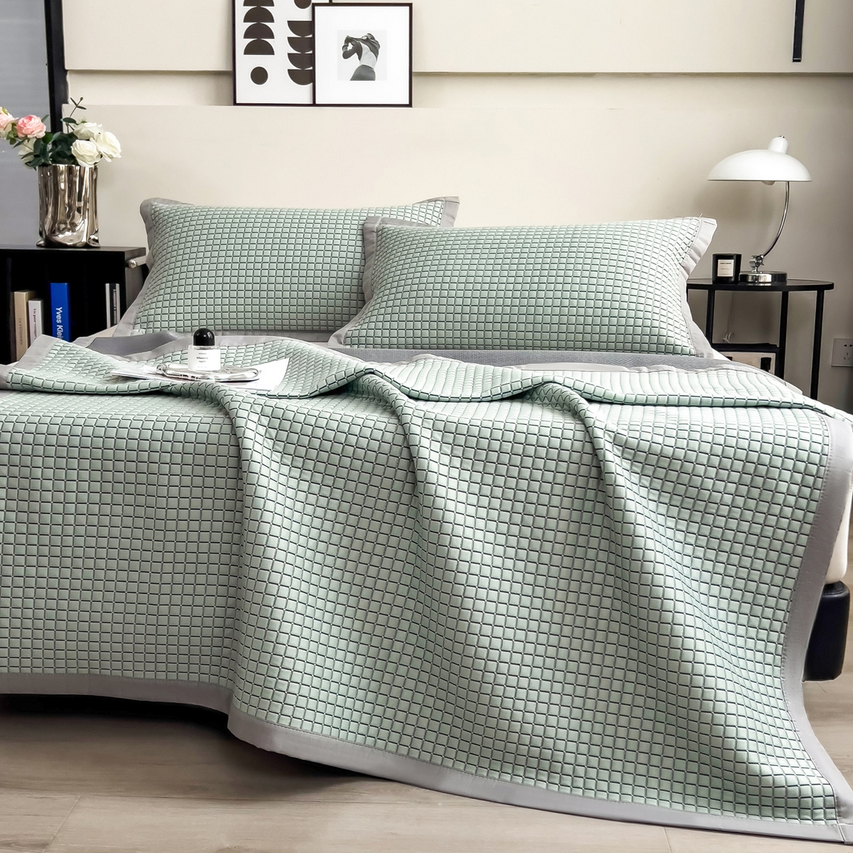 91家纺网 家纺一手货源 找家纺 摩妮卡 2026新款PE高分子凉感值过0.25格子豆豆软席三件套冰丝席-床席款 序格-水绿