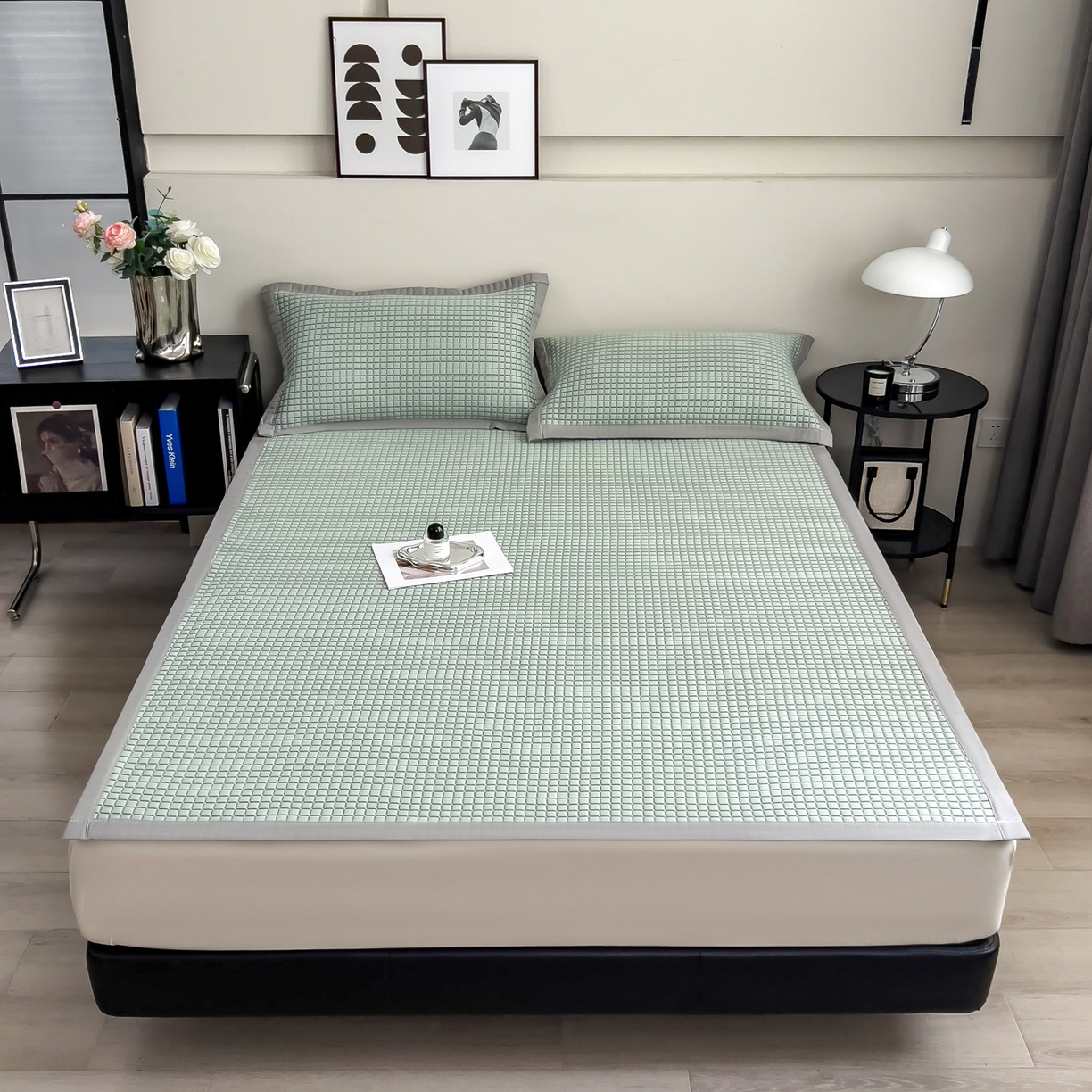 91家纺网 家纺一手货源 找家纺 摩妮卡 2026新款PE高分子凉感值过0.25格子豆豆软席三件套冰丝席-床席款 序格-水绿