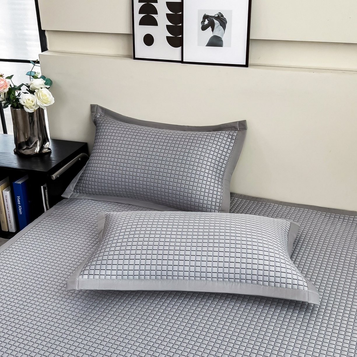 91家纺网 家纺一手货源 找家纺 摩妮卡 2026新款PE高分子凉感值过0.25格子豆豆软席三件套冰丝席-床席款 序格-雾灰