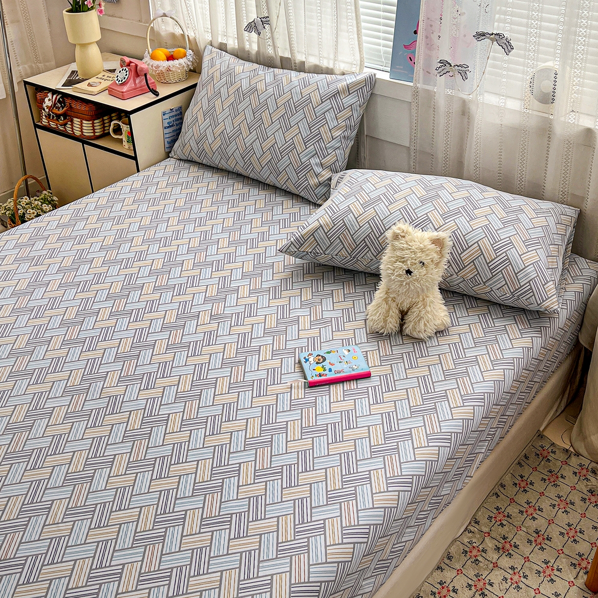 91家纺网 家纺一手货源 找家纺 栩裕纺织 2026春夏爆款老粗布凉席床单款凉席席子空调软席-提供买家秀 贵族格纹-床笠款