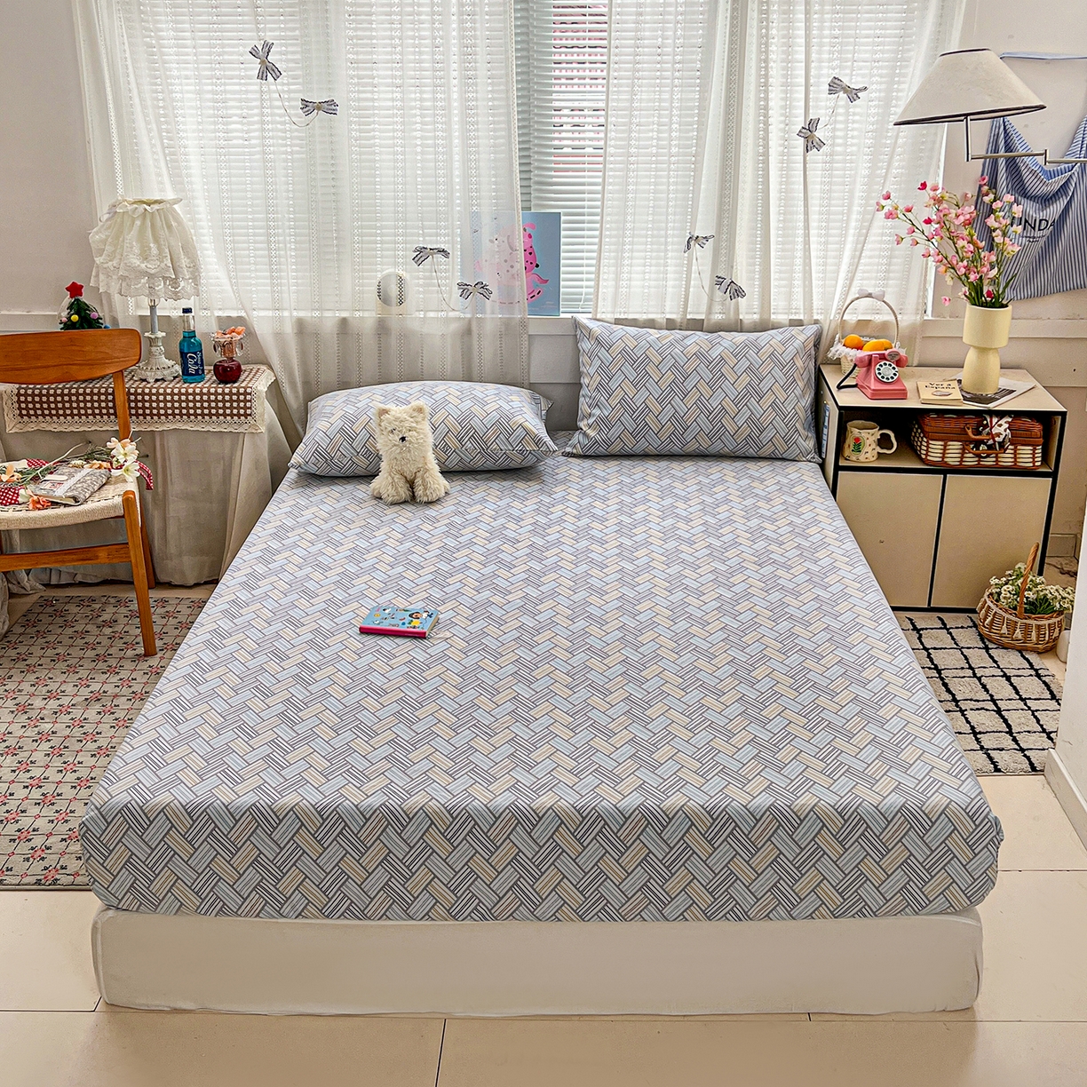 91家纺网 家纺一手货源 找家纺 栩裕纺织 2026春夏爆款老粗布凉席床单款凉席席子空调软席-提供买家秀 贵族格纹-床笠款