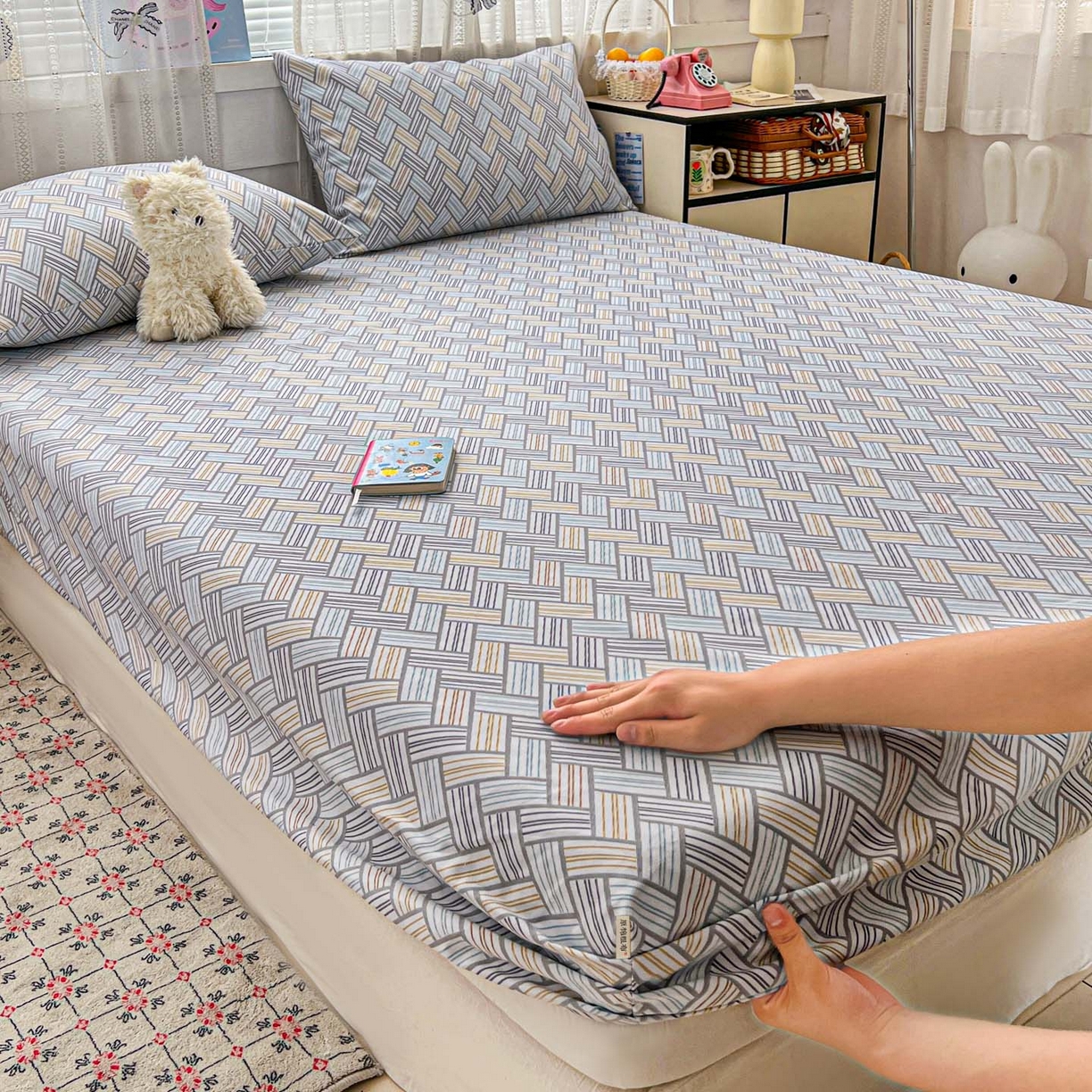 91家纺网 家纺一手货源 找家纺 栩裕纺织 2026春夏爆款老粗布凉席床单款凉席席子空调软席-提供买家秀 贵族格纹-床笠款