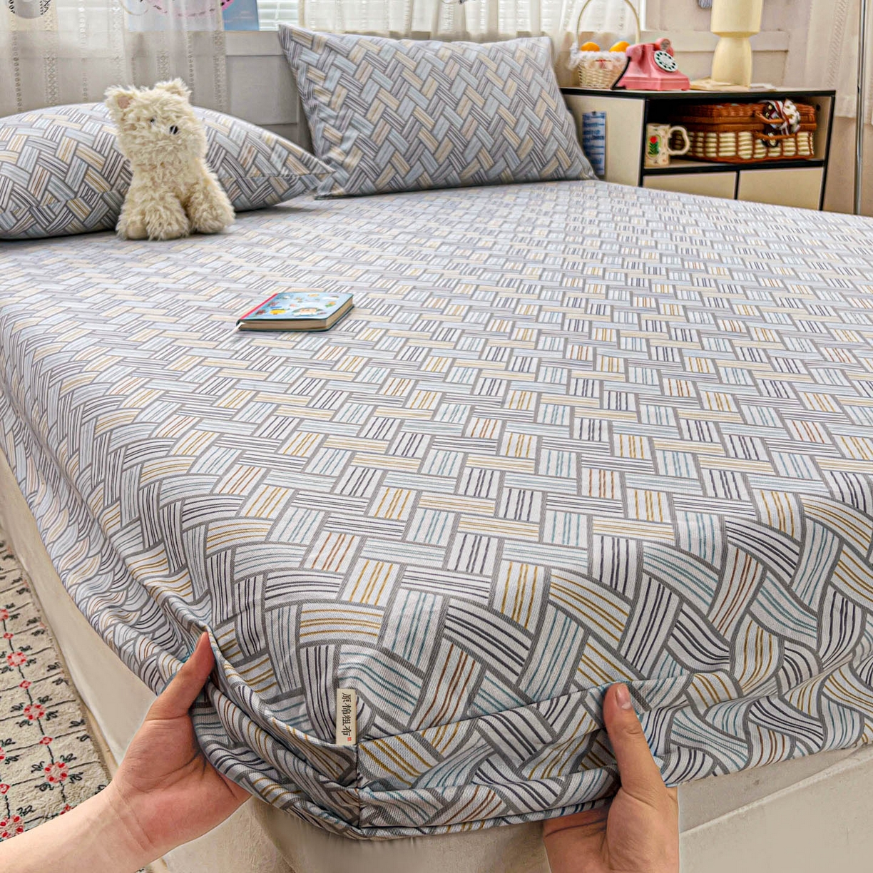 91家纺网 家纺一手货源 找家纺 栩裕纺织 2026春夏爆款老粗布凉席床单款凉席席子空调软席-提供买家秀 贵族格纹-床笠款