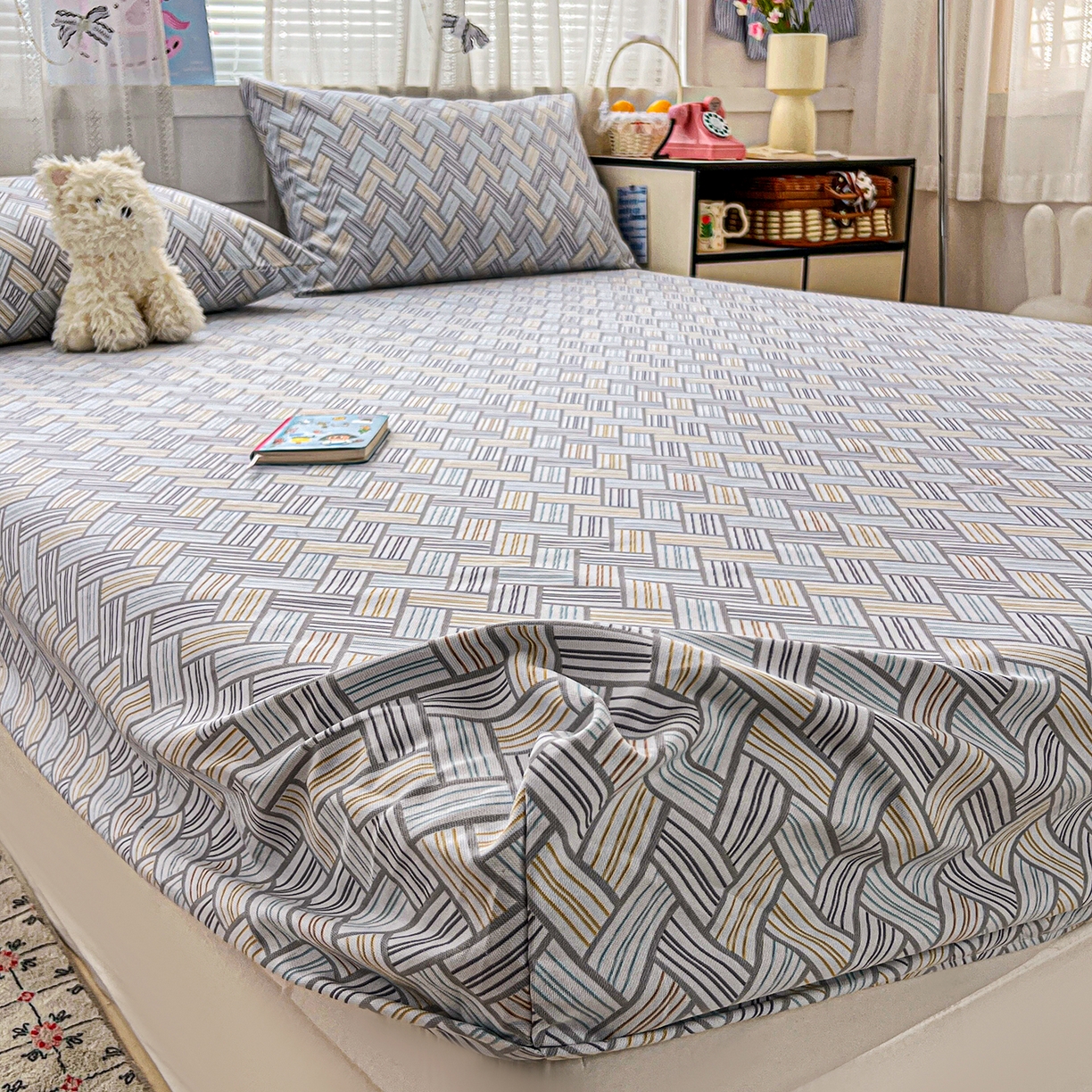 91家纺网 家纺一手货源 找家纺 栩裕纺织 2026春夏爆款老粗布凉席床单款凉席席子空调软席-提供买家秀 贵族格纹-床笠款